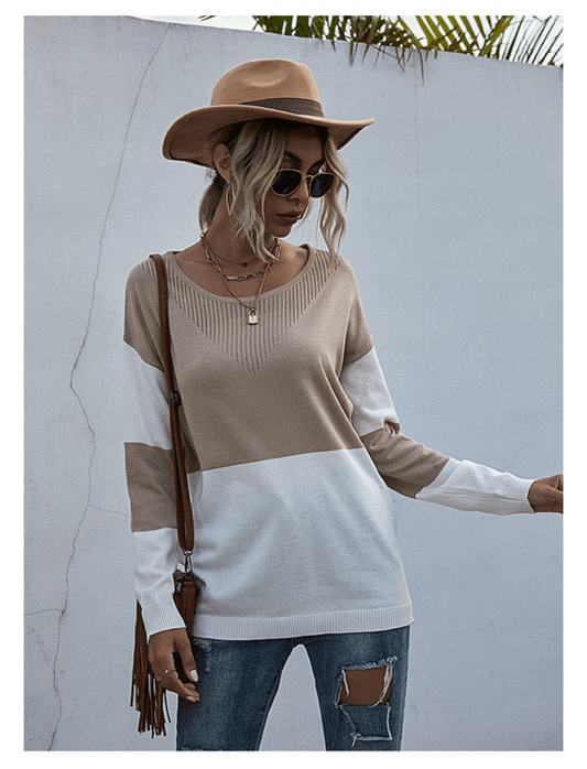 Sweaters- Women's Fall Winter Sweater: Cozy Knit, See-through, Ribbed Trim- Cracker khaki- Pekosa Women Clothing