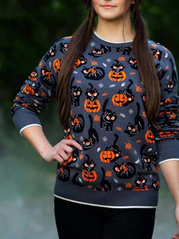 Sweaters- Women’s Halloween Knitted Spooky Ugly Kitty Sweater- Grey- Pekosa Women Clothing