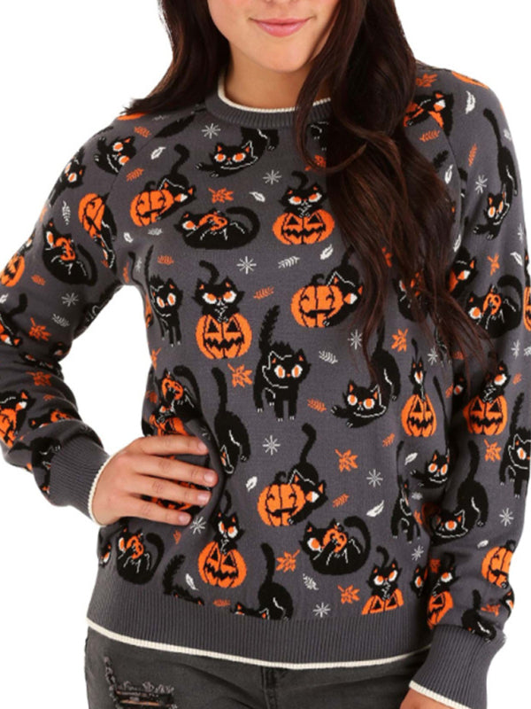 Sweaters- Women’s Halloween Knitted Spooky Ugly Kitty Sweater- - Pekosa Women Clothing