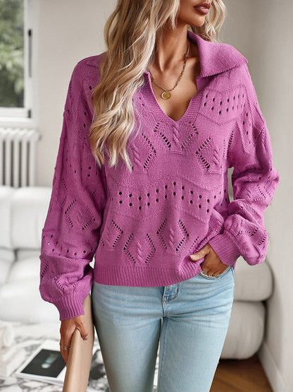 Sweaters- Women’s Long Sleeve Turn Down Sweater - Chic Knit Openwork- - Pekosa Women Clothing