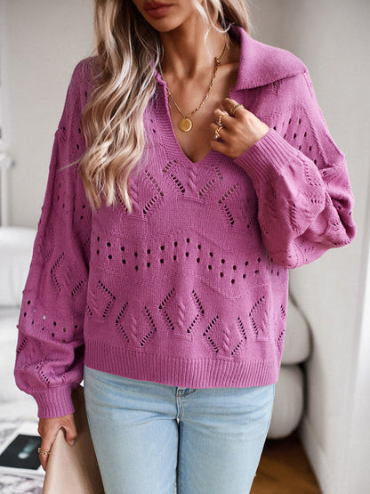 Sweaters- Women’s Long Sleeve Turn Down Sweater - Chic Knit Openwork- - Pekosa Women Clothing