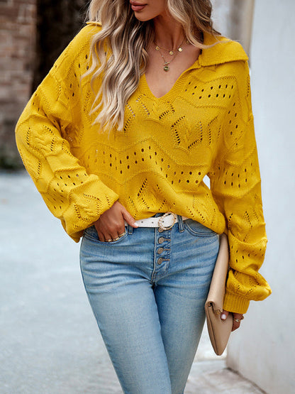 Sweaters- Women’s Long Sleeve Turn Down Sweater - Chic Knit Openwork- Yellow- Pekosa Women Clothing