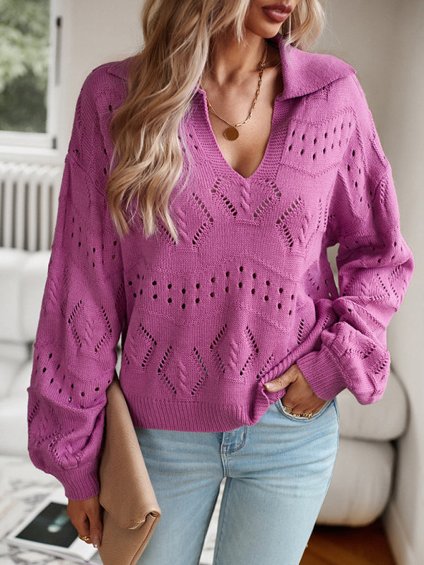 Sweaters- Women’s Long Sleeve Turn Down Sweater - Chic Knit Openwork- - Pekosa Women Clothing