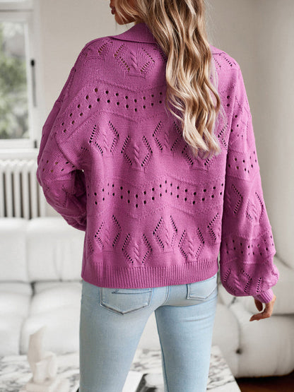 Sweaters- Women’s Long Sleeve Turn Down Sweater - Chic Knit Openwork- - Pekosa Women Clothing