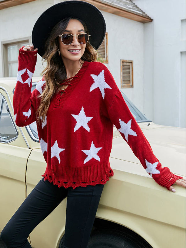 Sweaters- Women’s Star Knit Lace-Up Back V-Neck Sweater- - Pekosa Women Clothing