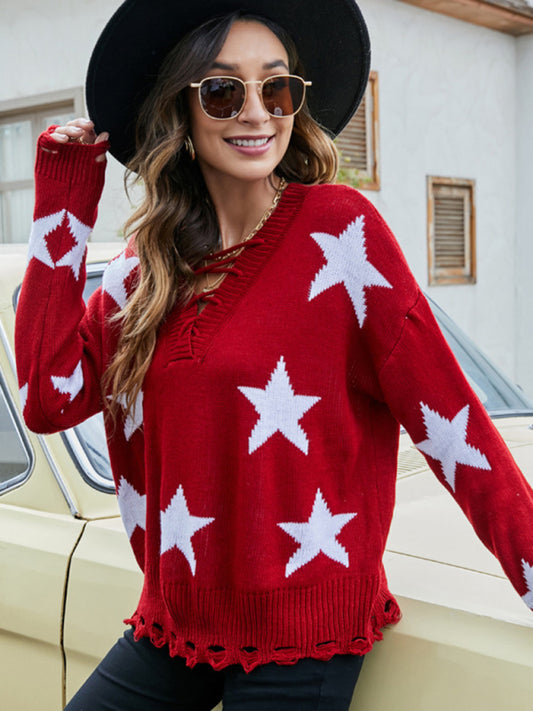 Sweaters- Women’s Star Knit Lace-Up Back V-Neck Sweater- Red- Pekosa Women Clothing