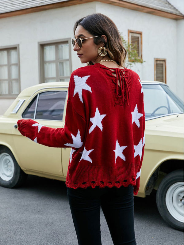 Sweaters- Women’s Star Knit Lace-Up Back V-Neck Sweater- - Pekosa Women Clothing