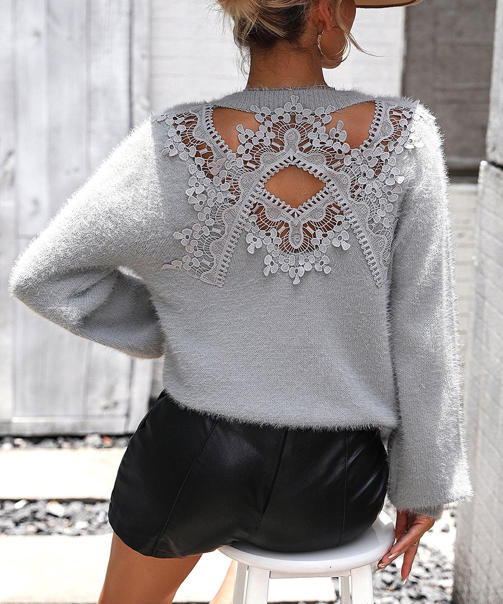 Sweaters- Women's Sweater with Lace Insert Back - Cozy Elegant Knitwear- - Pekosa Women Clothing