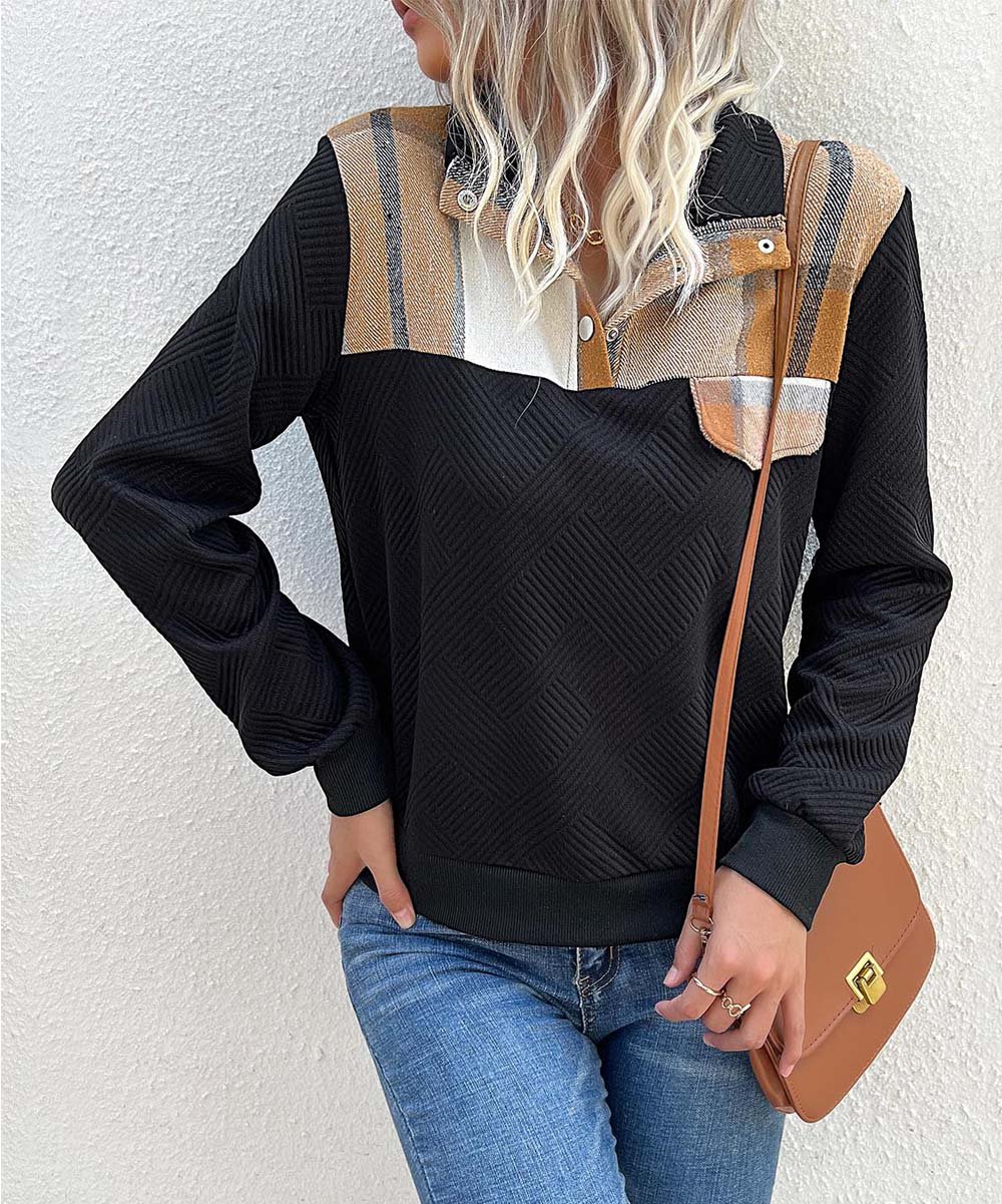 Sweaters- Women's Tan Plaid Sweatshirt: Fall/Winter Long Sleeves Sweater- - Pekosa Women Clothing