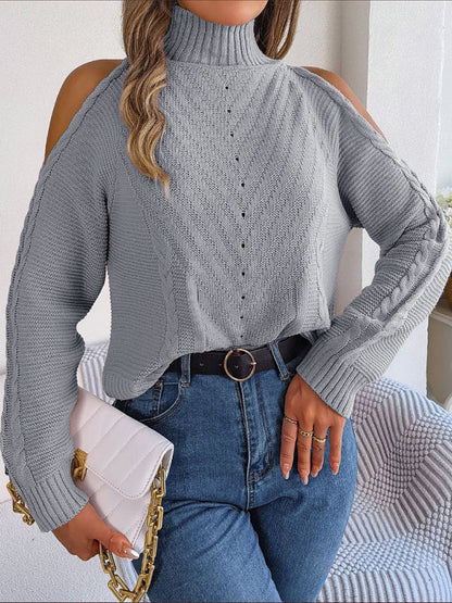 Sweaters- Wool Cold Shoulder Sweater - High Neck, Cable Knit Pullover- Grey- Pekosa Women Clothing