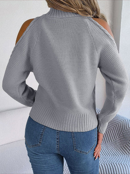 Sweaters- Wool Cold Shoulder Sweater - High Neck, Cable Knit Pullover- - Pekosa Women Clothing