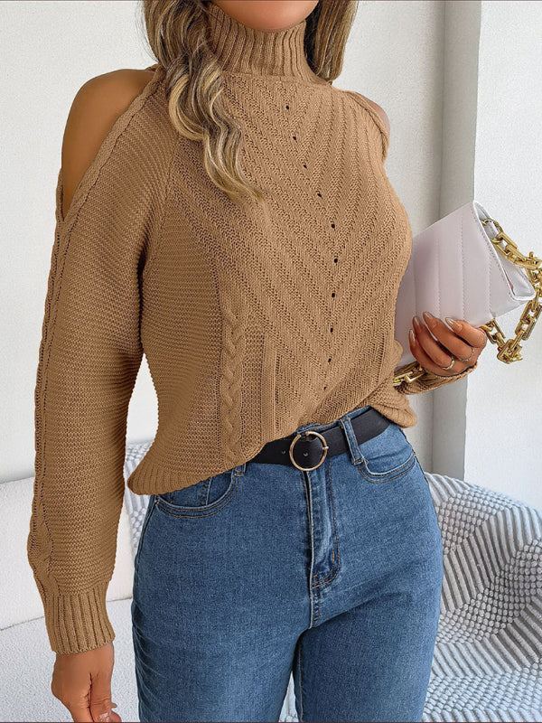 Sweaters- Wool Cold Shoulder Sweater - High Neck, Cable Knit Pullover- - Pekosa Women Clothing