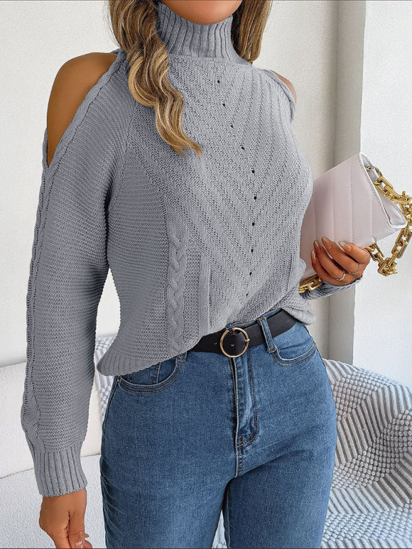 Sweaters- Wool Cold Shoulder Sweater - High Neck, Cable Knit Pullover- - Pekosa Women Clothing