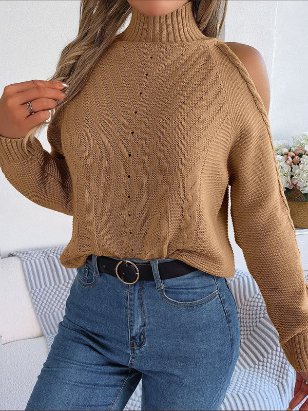 Sweaters- Wool Cold Shoulder Sweater - High Neck, Cable Knit Pullover- - Pekosa Women Clothing