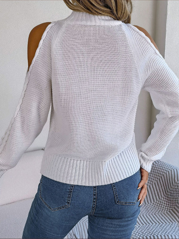 Sweaters- Wool Cold Shoulder Sweater - High Neck, Cable Knit Pullover- - Pekosa Women Clothing