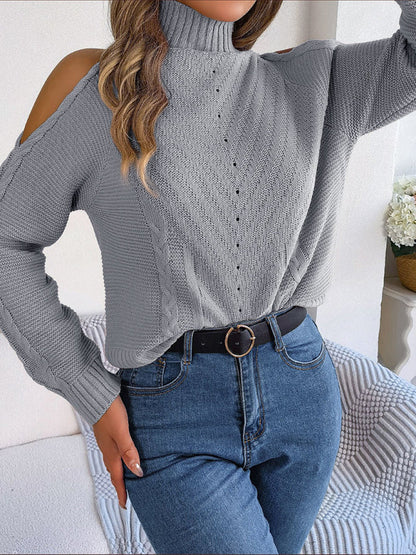 Sweaters- Wool Cold Shoulder Sweater - High Neck, Cable Knit Pullover- - Pekosa Women Clothing