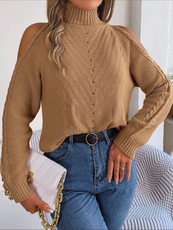 Sweaters- Wool Cold Shoulder Sweater - High Neck, Cable Knit Pullover- - Pekosa Women Clothing