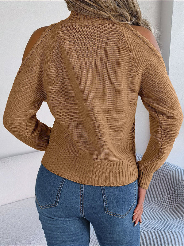 Sweaters- Wool Cold Shoulder Sweater - High Neck, Cable Knit Pullover- - Pekosa Women Clothing