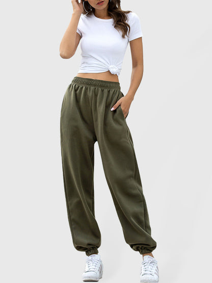 Sweatpants- Solid Cotton Elastic Waist Tracksuit Joggers- Green- Pekosa Women Clothing