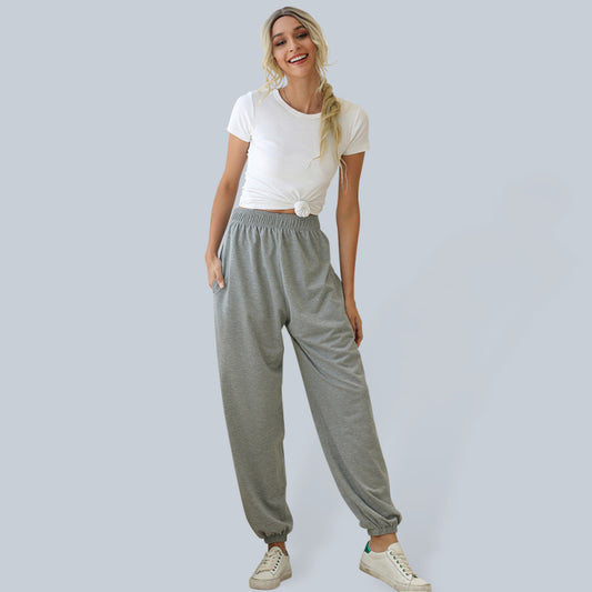 Sweatpants- Solid Cotton Elastic Waist Tracksuit Joggers- Grey- Pekosa Women Clothing