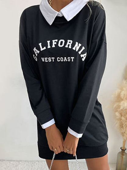 Sweatshirt Dress- Solid Cotton California Collared Sweatshirt Dress- - Pekosa Women Clothing