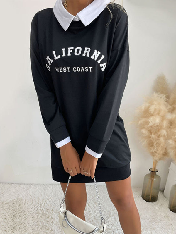 Sweatshirt Dress- Solid Cotton California Collared Sweatshirt Dress- - Pekosa Women Clothing