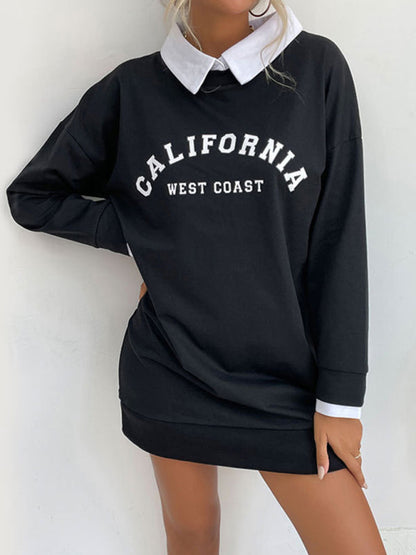 Sweatshirt Dress- Solid Cotton California Collared Sweatshirt Dress- - Pekosa Women Clothing