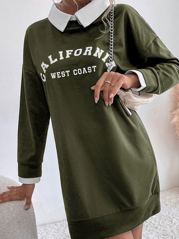 Sweatshirt Dress- Solid Cotton California Collared Sweatshirt Dress- - Pekosa Women Clothing