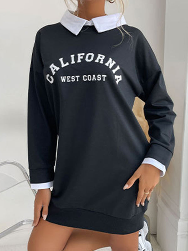 Sweatshirt Dress- Solid Cotton California Collared Sweatshirt Dress- - Pekosa Women Clothing