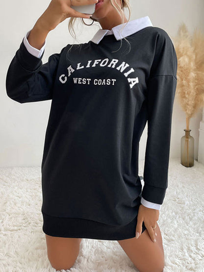 Sweatshirt Dress- Solid Cotton California Collared Sweatshirt Dress- - Pekosa Women Clothing