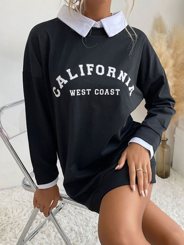 Sweatshirt Dress- Solid Cotton California Collared Sweatshirt Dress- - Pekosa Women Clothing