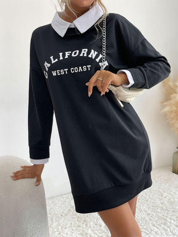 Sweatshirt Dress- Solid Cotton California Collared Sweatshirt Dress- - Pekosa Women Clothing