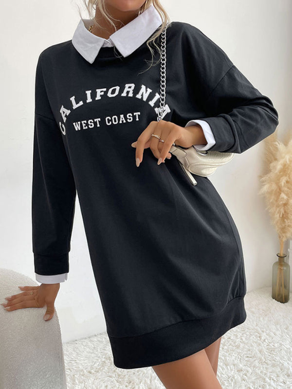 Sweatshirt Dress- Solid Cotton California Collared Sweatshirt Dress- - Pekosa Women Clothing