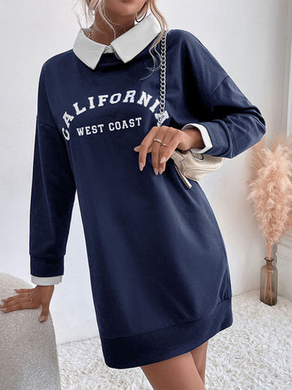 Sweatshirt Dress- Solid Cotton California Collared Sweatshirt Dress- - Pekosa Women Clothing