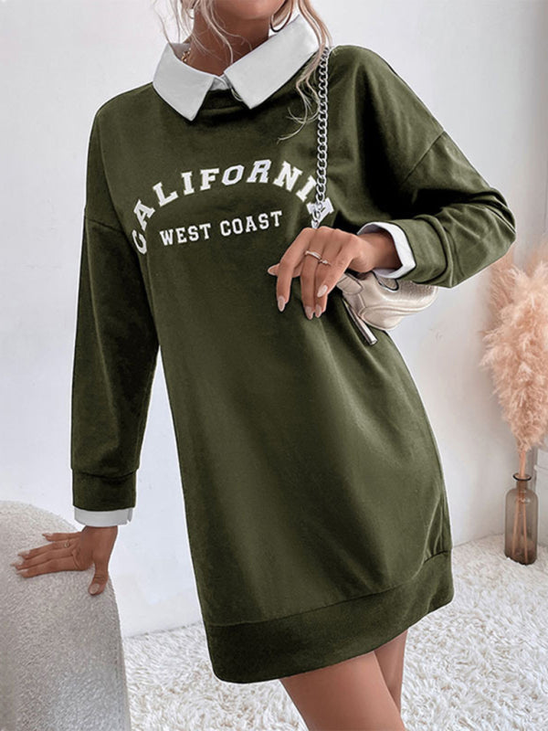 Sweatshirt Dress- Solid Cotton California Collared Sweatshirt Dress- - Pekosa Women Clothing