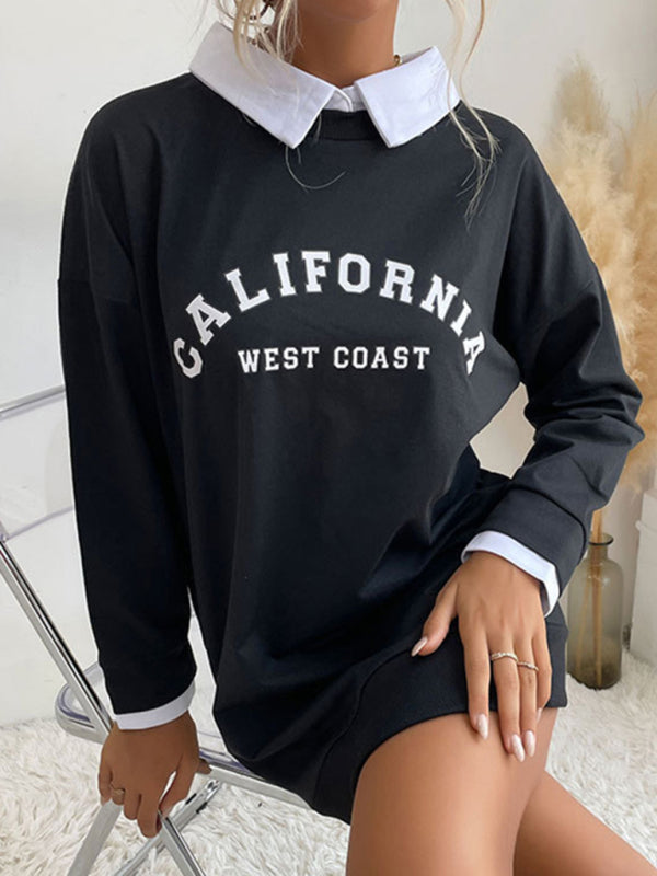 Sweatshirt Dress- Solid Cotton California Collared Sweatshirt Dress- - Pekosa Women Clothing