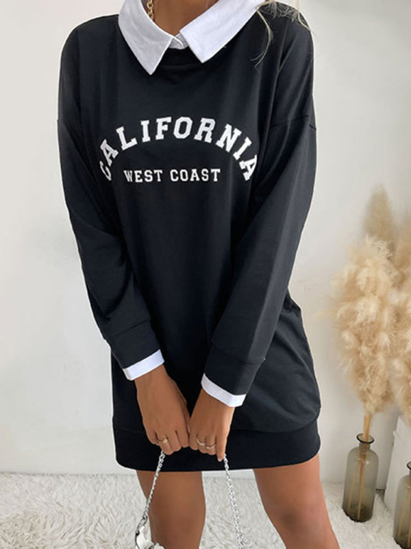 Sweatshirt Dress- Solid Cotton California Collared Sweatshirt Dress- - Pekosa Women Clothing