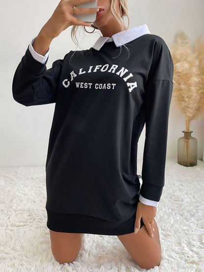 Sweatshirt Dress- Solid Cotton California Collared Sweatshirt Dress- Black- Pekosa Women Clothing