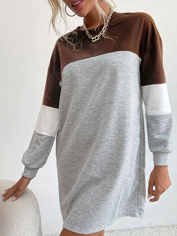 Sweatshirt Dresses- Patchwork Colors Sweatshirt Dress- - Pekosa Women Clothing