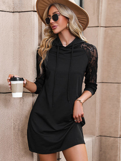 Sweatshirt Dresses- Solid Contrast Lace Hooded Sweatshirt Dress- Black- Pekosa Women Clothing