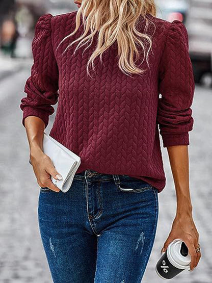 Sweatshirts- Autumn Textured Sweatshirt Top with Puff Sleeves- Wine Red- Pekosa Women Clothing