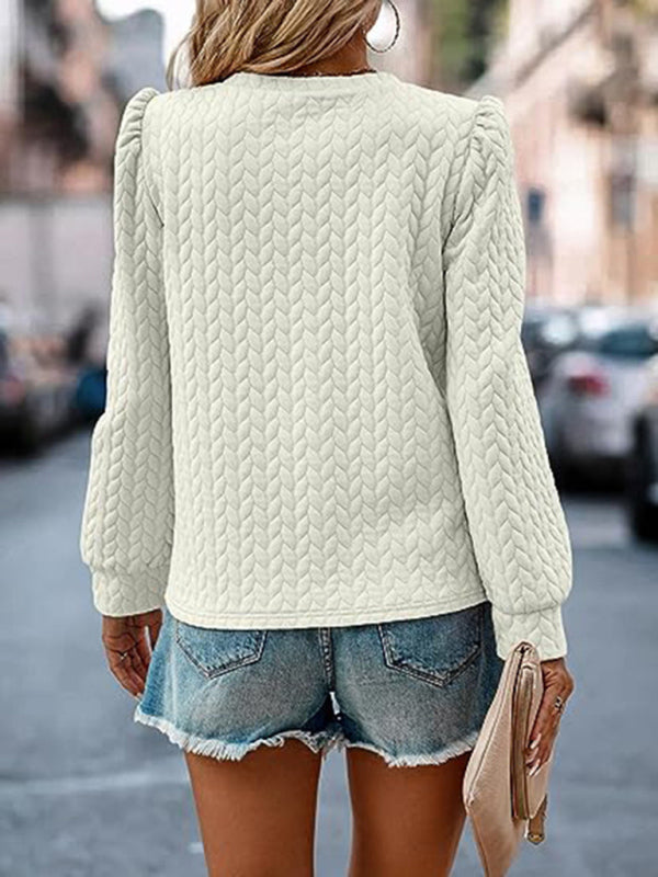 Sweatshirts- Autumn Textured Sweatshirt Top with Puff Sleeves- - Pekosa Women Clothing