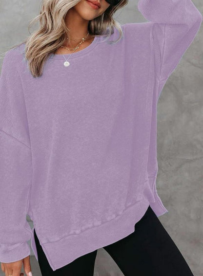 Sweatshirts- Casual Sport Textured Waffle Sweatshirt with Trendy Slits- Purple- Pekosa Women Clothing