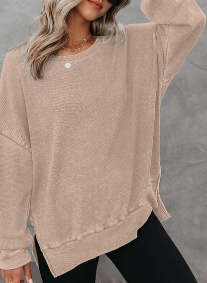 Sweatshirts- Casual Sport Textured Waffle Sweatshirt with Trendy Slits- Khaki- Pekosa Women Clothing