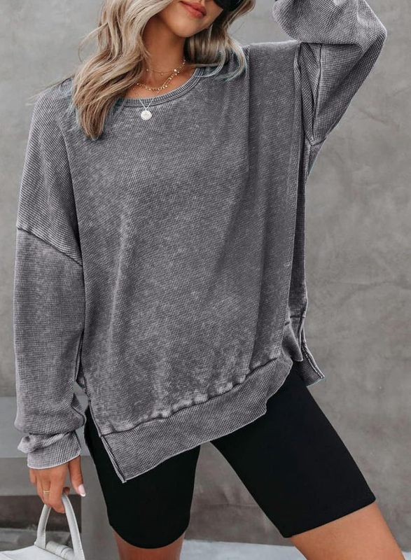 Sweatshirts- Casual Sport Textured Waffle Sweatshirt with Trendy Slits- Grey- Pekosa Women Clothing