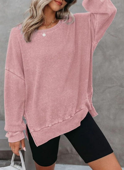 Sweatshirts- Casual Sport Textured Waffle Sweatshirt with Trendy Slits- Pink- Pekosa Women Clothing