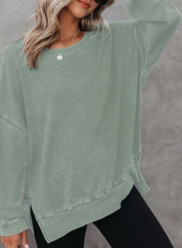 Sweatshirts- Casual Sport Textured Waffle Sweatshirt with Trendy Slits- Green- Pekosa Women Clothing