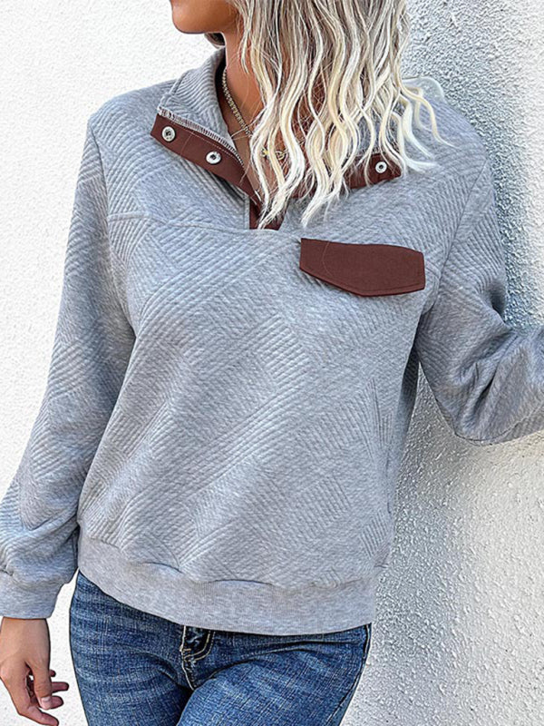 Sweatshirts- Chevron Raglan Sleeve Sweatshirt - T-shirt with High Neck, Faux Pocket- Misty grey- Pekosa Women Clothing