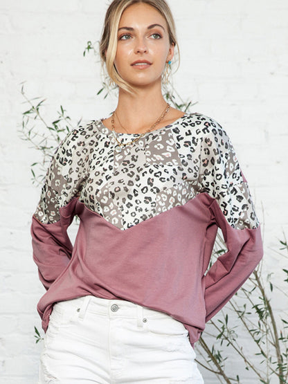 Sweatshirts- Color-Block Leopard Print Pullover T-Shirt- Pink- Pekosa Women Clothing