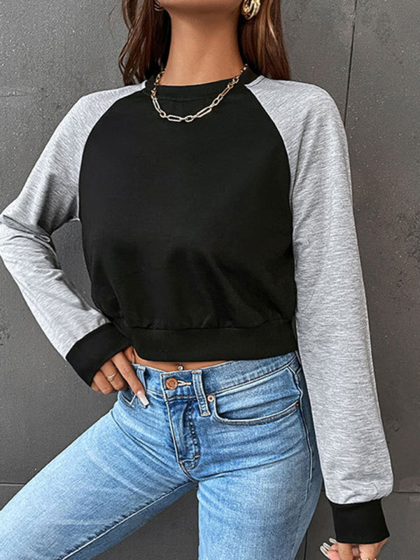 Sweatshirts- Color Block Round Neck Crop Sweatshirt- - Pekosa Women Clothing